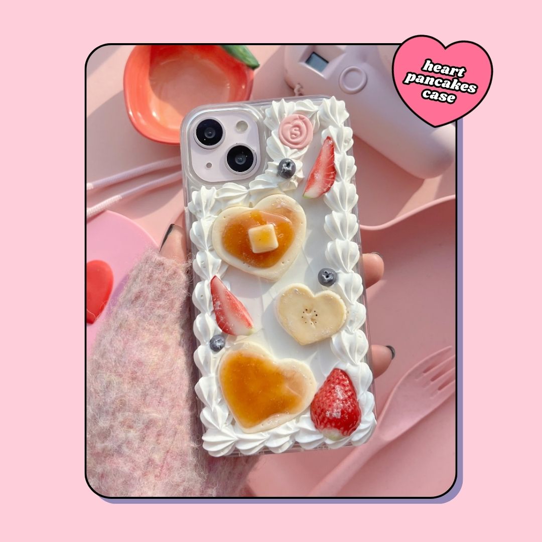 shiny heart pancakes phone case with butter & syrup & strawberries