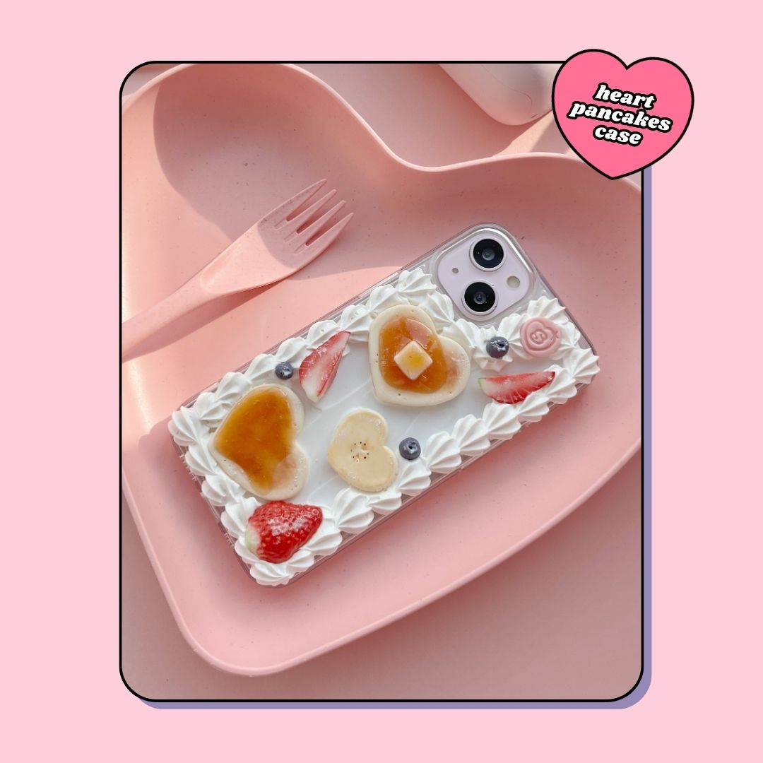 shiny heart pancakes phone case with butter & syrup & strawberries