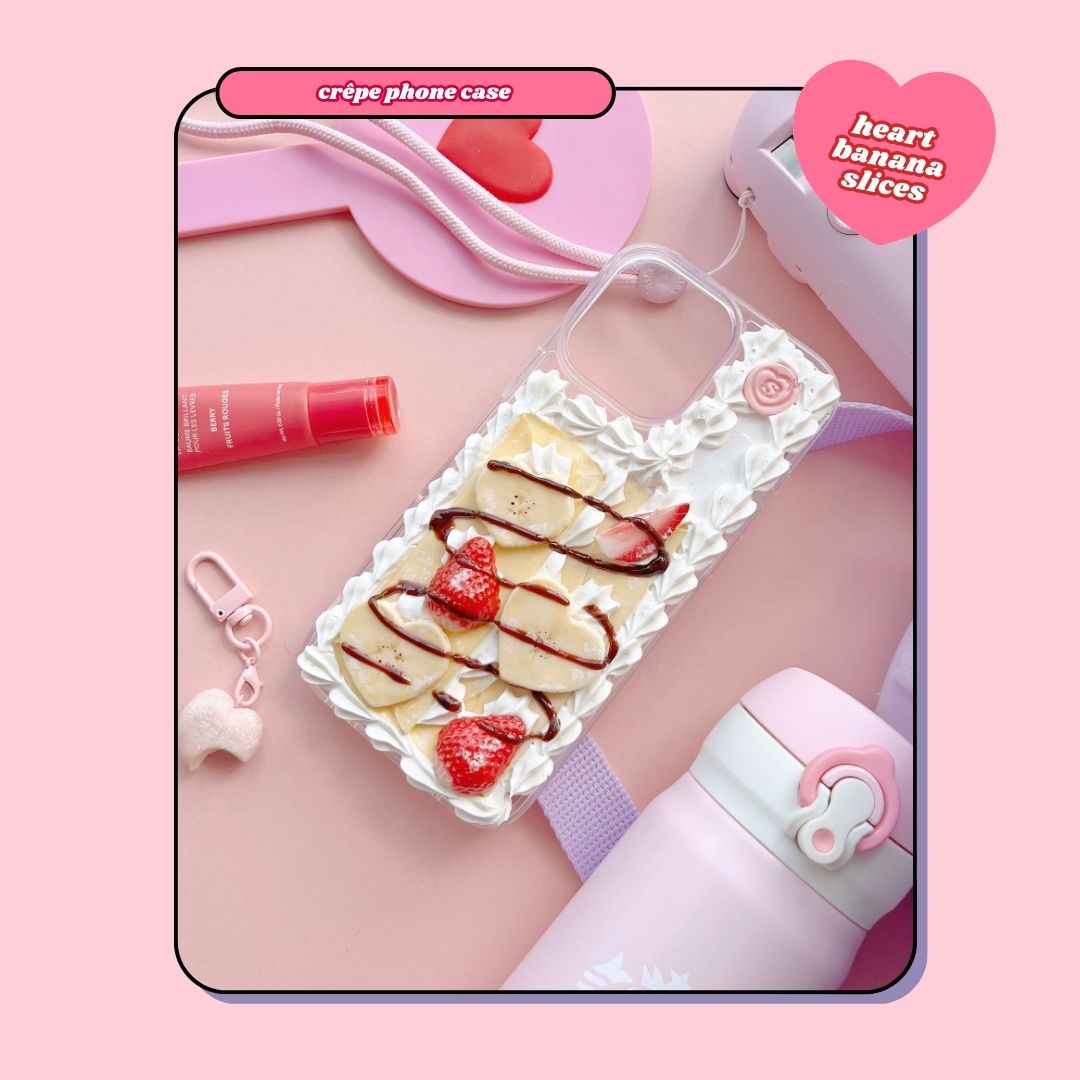 crêpe pancake phone case with heart shaped bananas, strawberries and chocolate drizzle