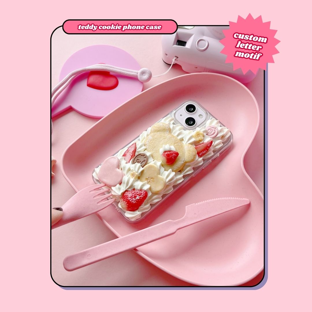 teddy bear cookie decoden phone case with heart shaped macaron and custom letter chocolate