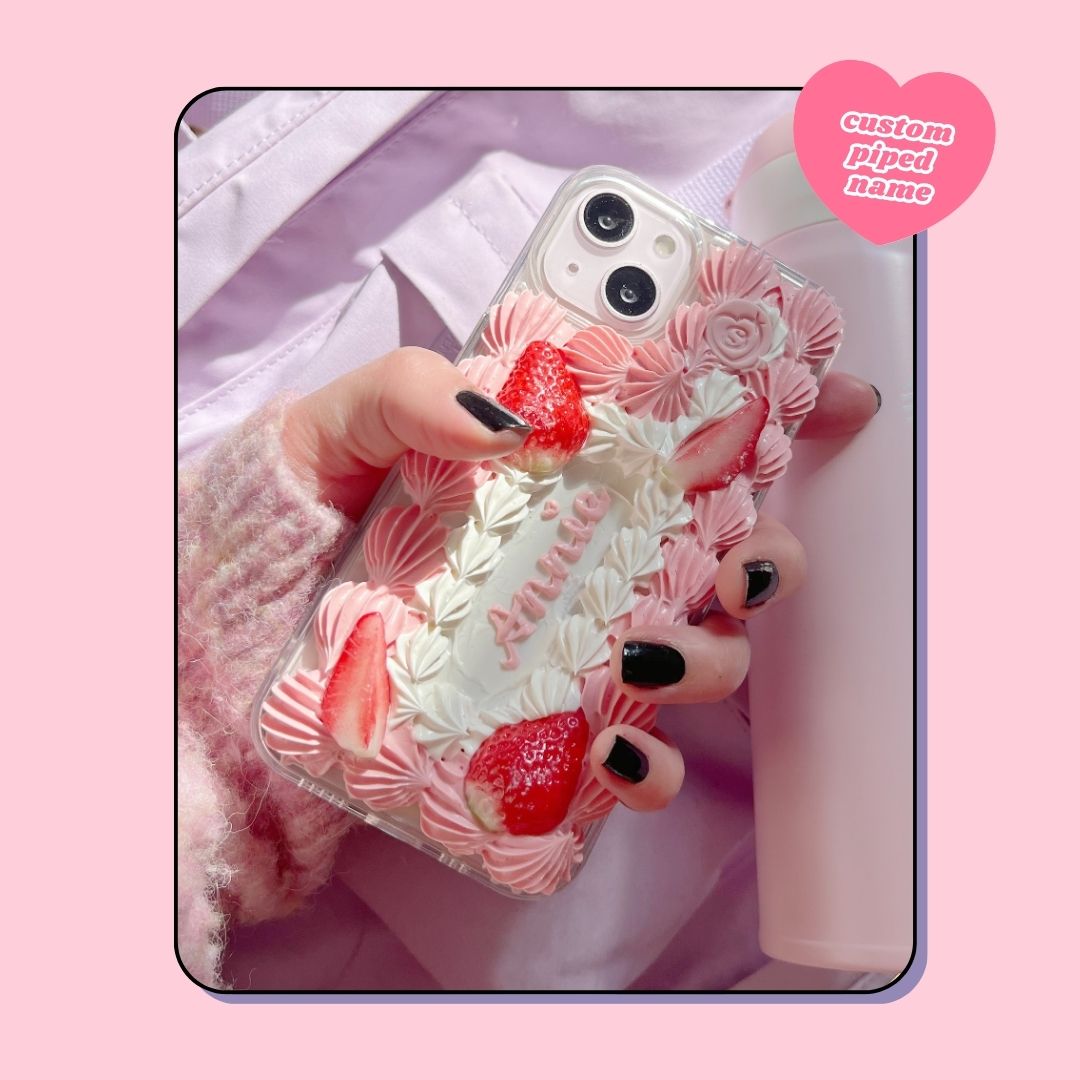 birthday pink aesthetic custom name strawberry cream cake decoden phone case