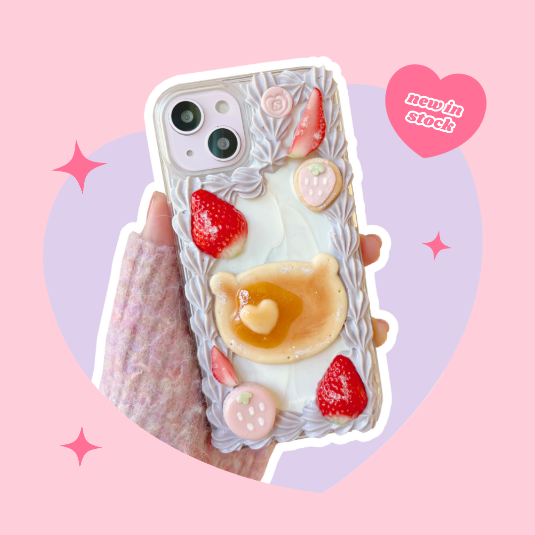 lavender cream teddy bear pancake + strawberry cookie + macaron decoden phone case