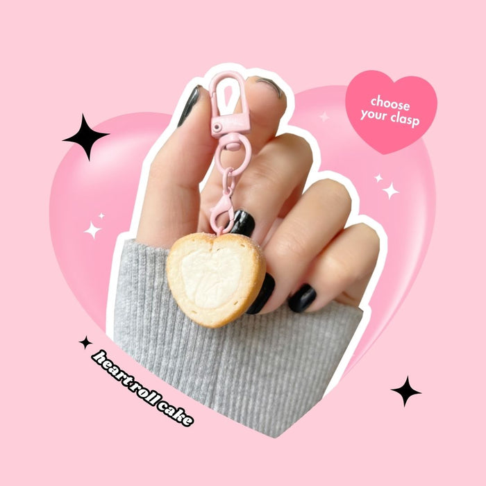 🍥 heart shape whipped cream swiss roll cake keyring with lobster clasp