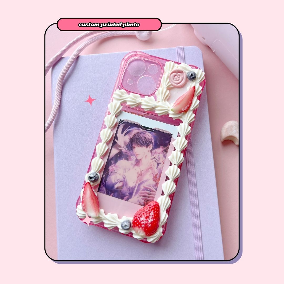 pink instax polaroid photo slot birthday cake decoden phone case with strawberries and blueberries