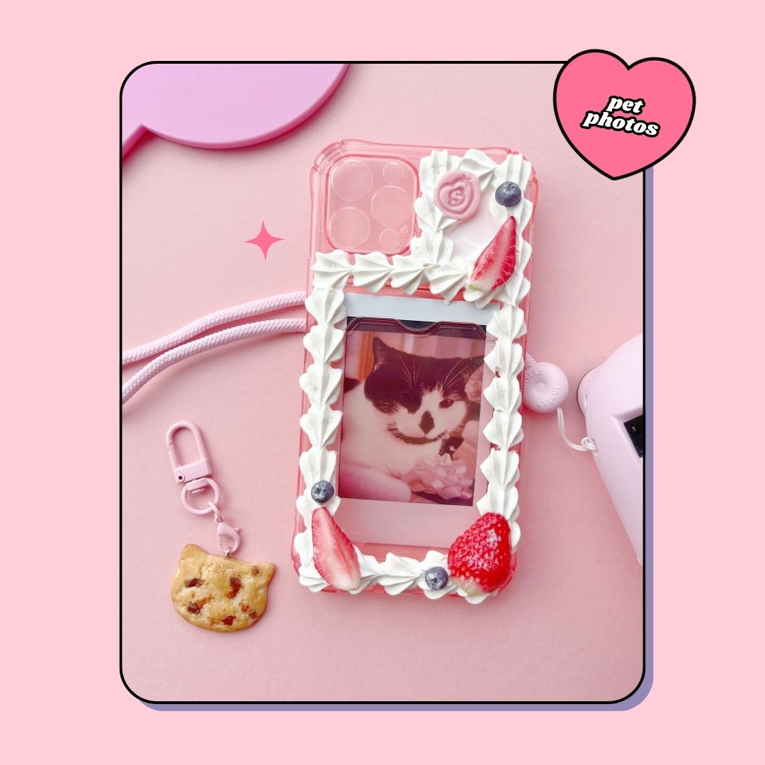 pink instax polaroid photo slot birthday cake decoden phone case with strawberries and blueberries