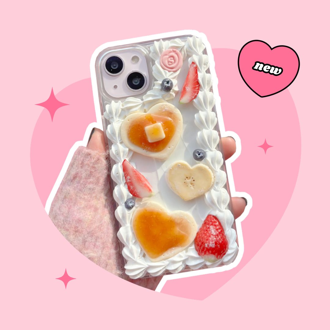 shiny heart pancakes phone case with butter & syrup & strawberries