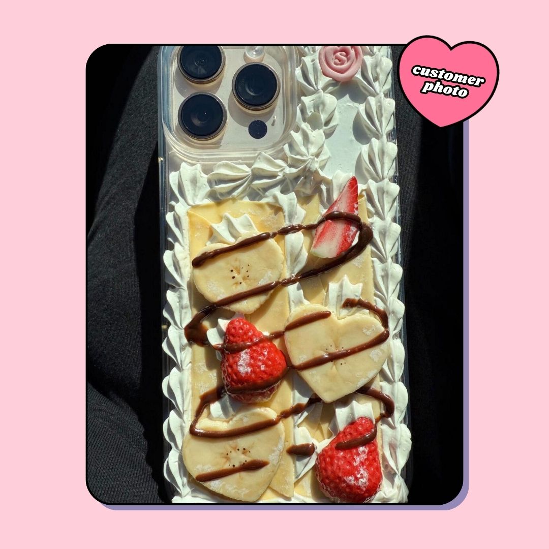 crêpe pancake phone case with heart shaped bananas, strawberries and chocolate drizzle