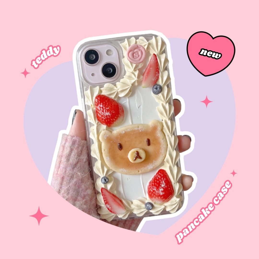 teddy bear pancake decoden custard cream phone case with heart shaped strawberries