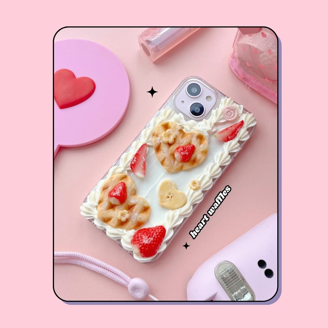 heart shaped waffles decoden phone case with strawberries + flower banana slices