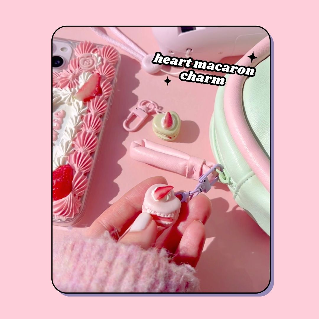 heart shaped pink strawberry and whipped cream macaron keyring with lobster clasp