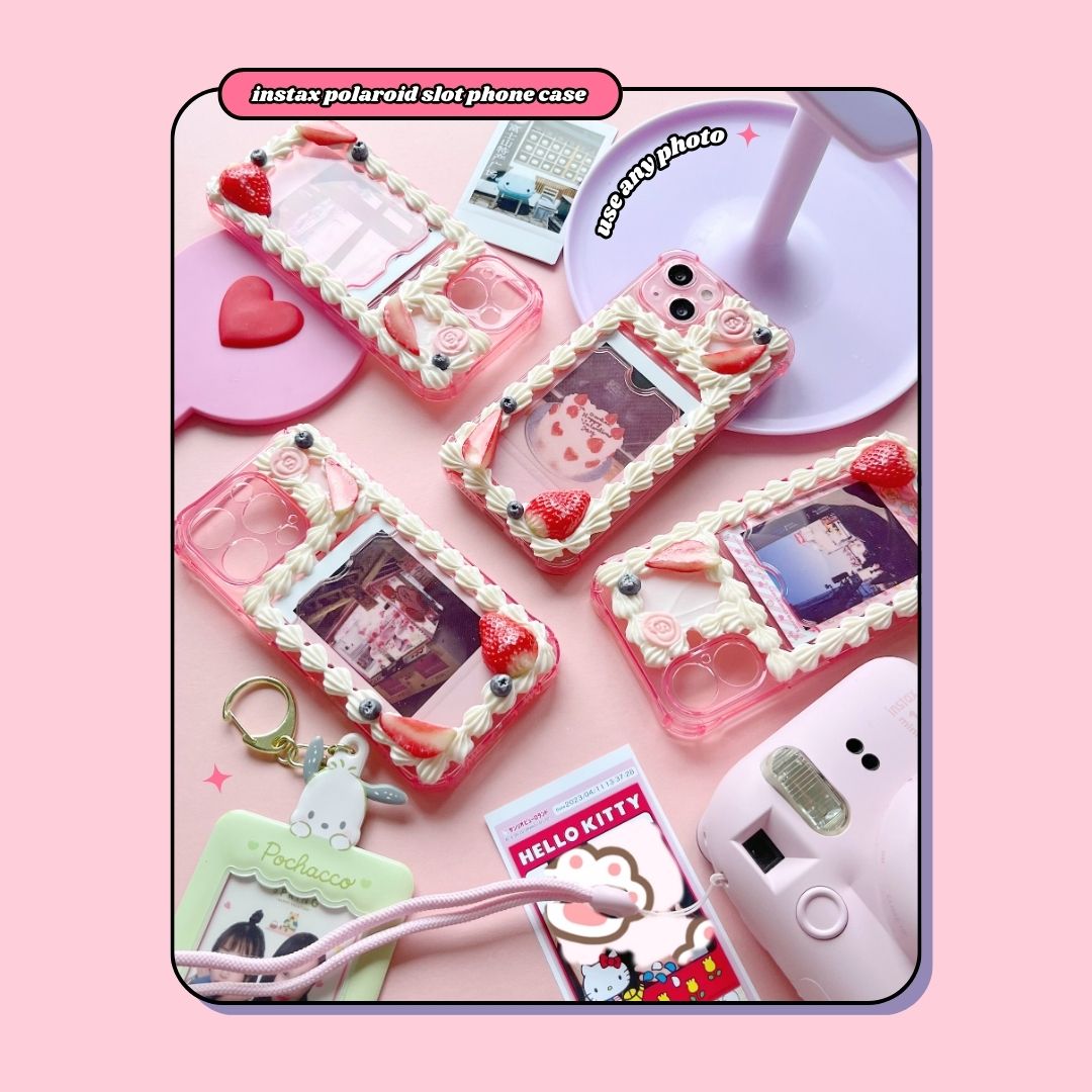 pink instax polaroid photo slot birthday cake decoden phone case with strawberries and blueberries