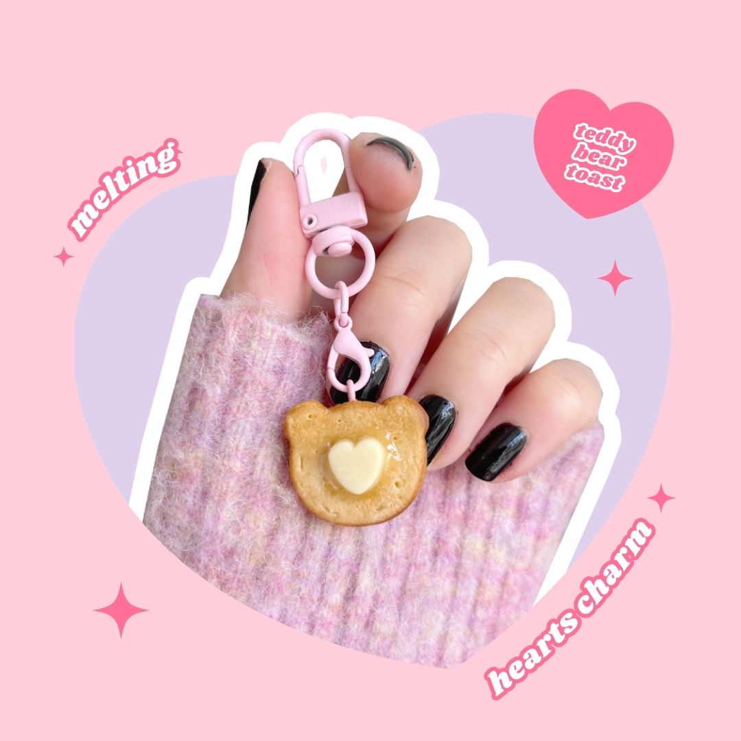 melting hearts teddy bear butter toast charm keyring with lobster clasp
