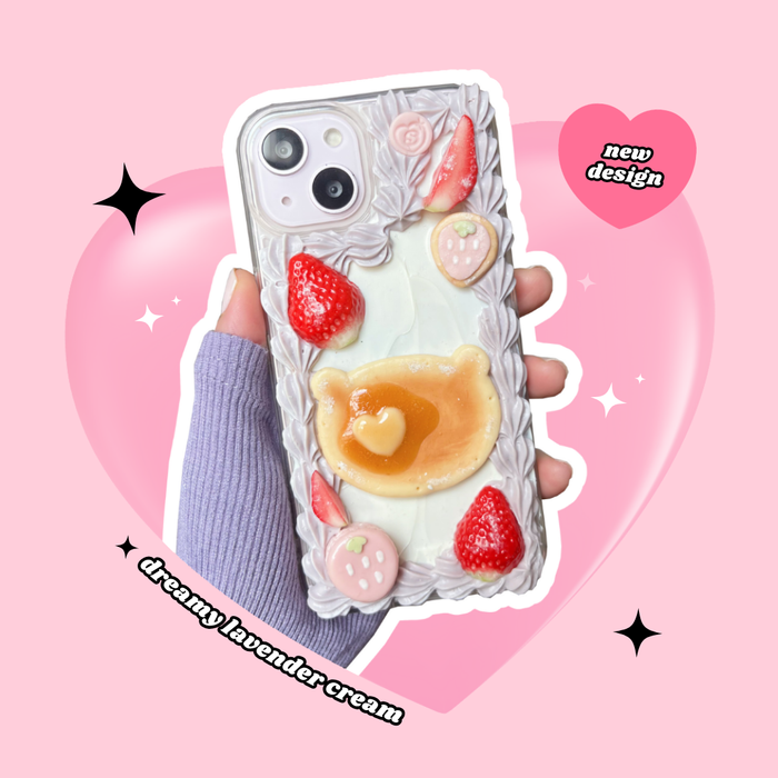 dreamy lavender cream teddy bear pancake + strawberry cookie + macaron decoden phone case