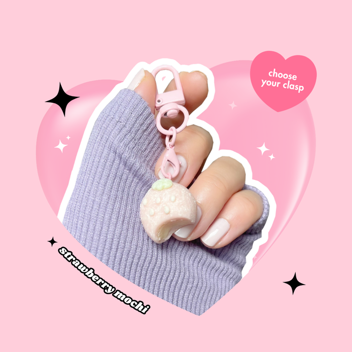 strawberry shaped pink ice cream mochi keyring with lobster clasp