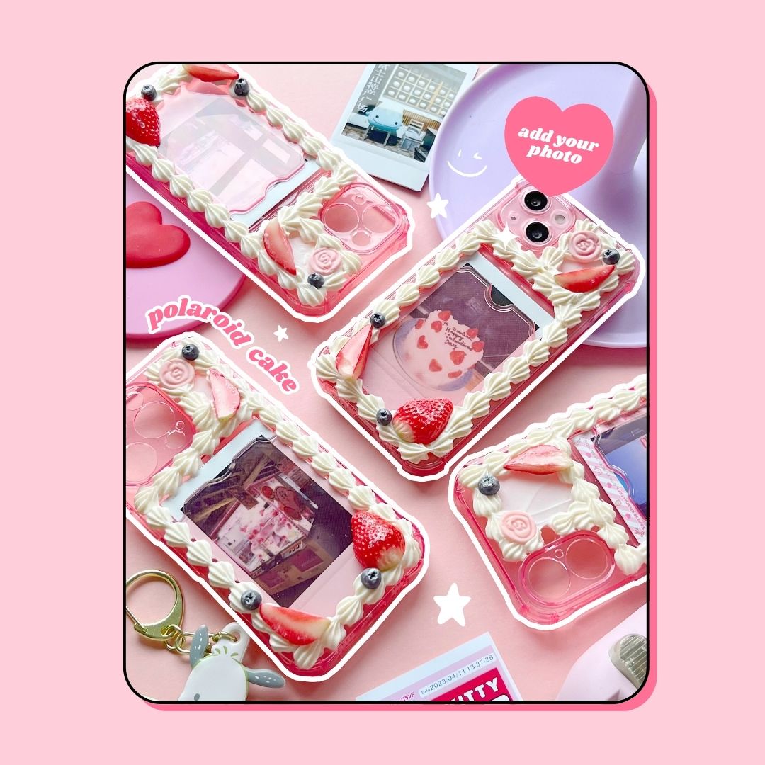 pink instax polaroid photo slot birthday cake decoden phone case with strawberries and blueberries